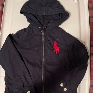 Navy Boys Lightweight Hooded Jacket with Red Logo